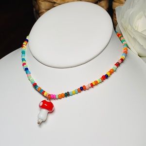 Whimsical Colorful Beaded Ceramic Mushroom Necklace
